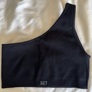 SET Active Sculptflex Ribbed One Shoulder Bra, color Onyx, women's size medium
